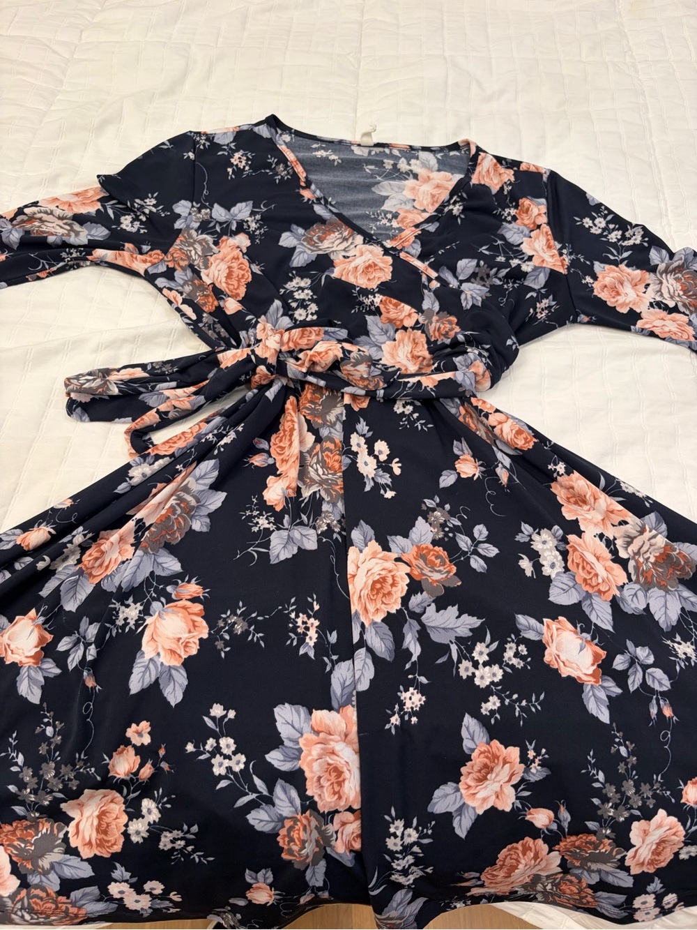 Pinkblush Navy Floral Wrap Midi Dress with Peach Blooms